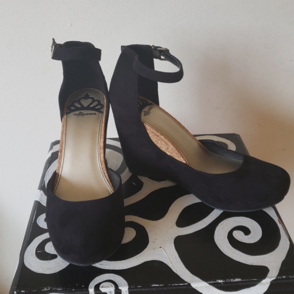 Fergalicious black velvet and cork wedges